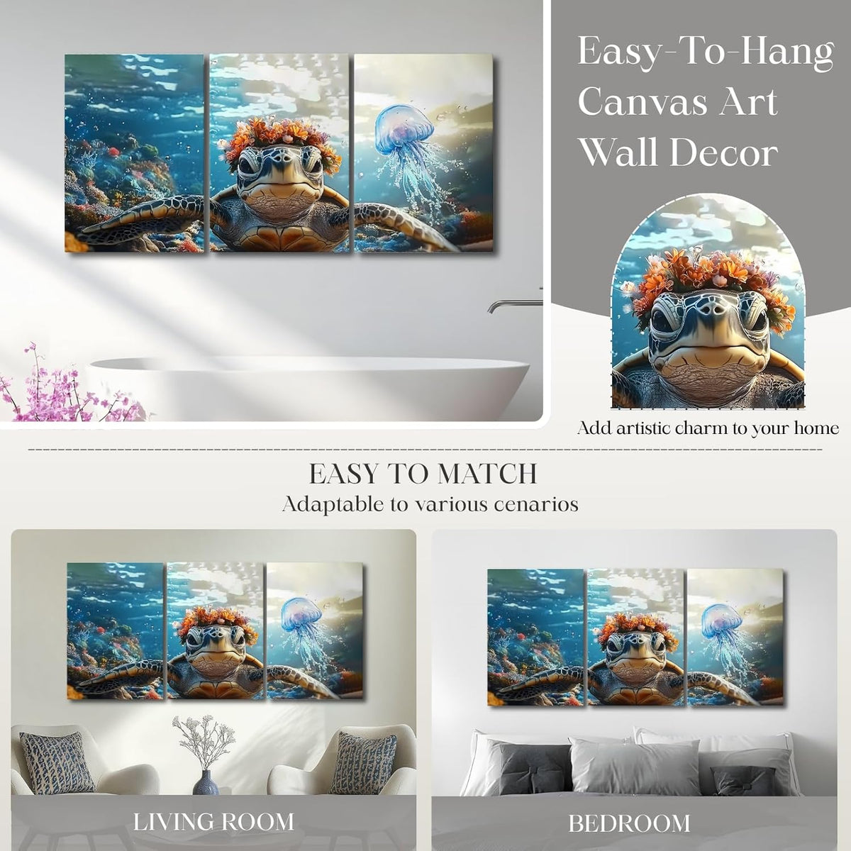 Wivsev Sea Turtle Canvas Wall Art,Under Sea Wall Art,Sea Life Pictures Wall Decor,Ocean Animal