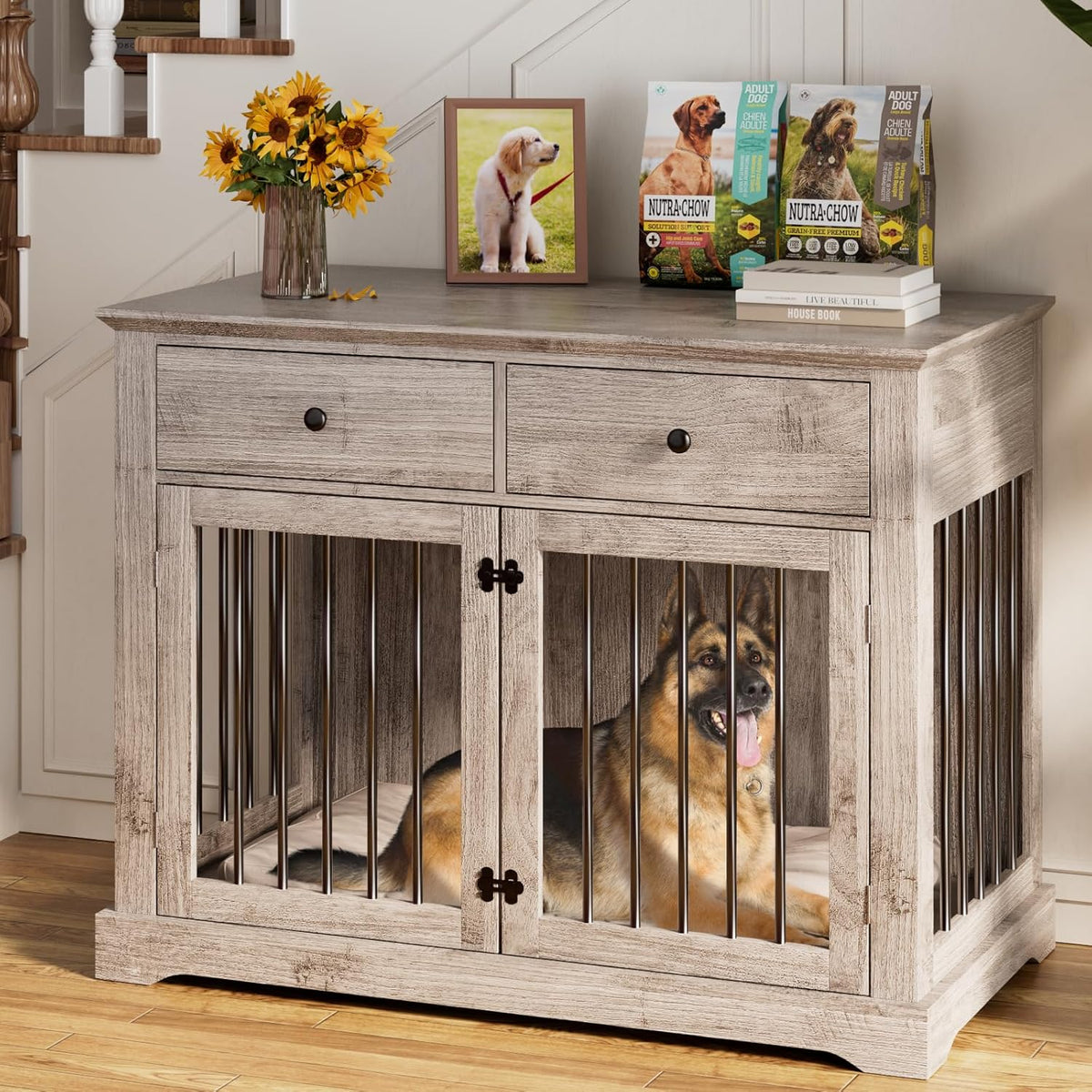 PUKAMI 44inch Dog Crate Furniture with Drawers,Wooden Dog Kennel Furniture for Large Breed,End