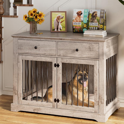 PUKAMI 44inch Dog Crate Furniture with Drawers,Wooden Dog Kennel Furniture for Large Breed,End