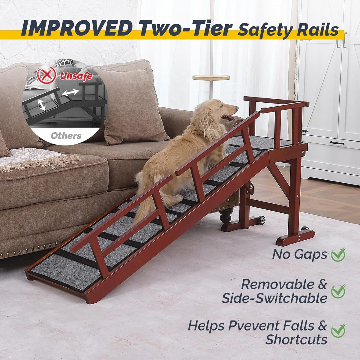 Dog Ramp for Bed or Couch, Wooden Pet Ramp with 20° Gentle Slope, Removable Side Rails, Non-Slip