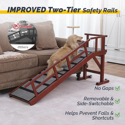 Dog Ramp for Bed or Couch, Wooden Pet Ramp with 20° Gentle Slope, Removable Side Rails, Non-Slip