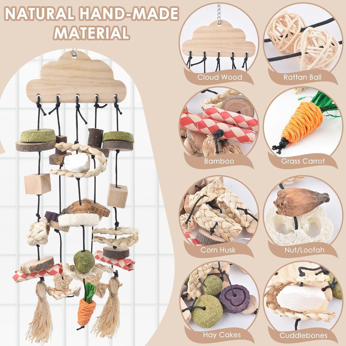 Bissap Rabbit Chew Toy, Bunny Cage Hanging Chew Toys and Treats Wooden with Snacks for Guinea Pigs