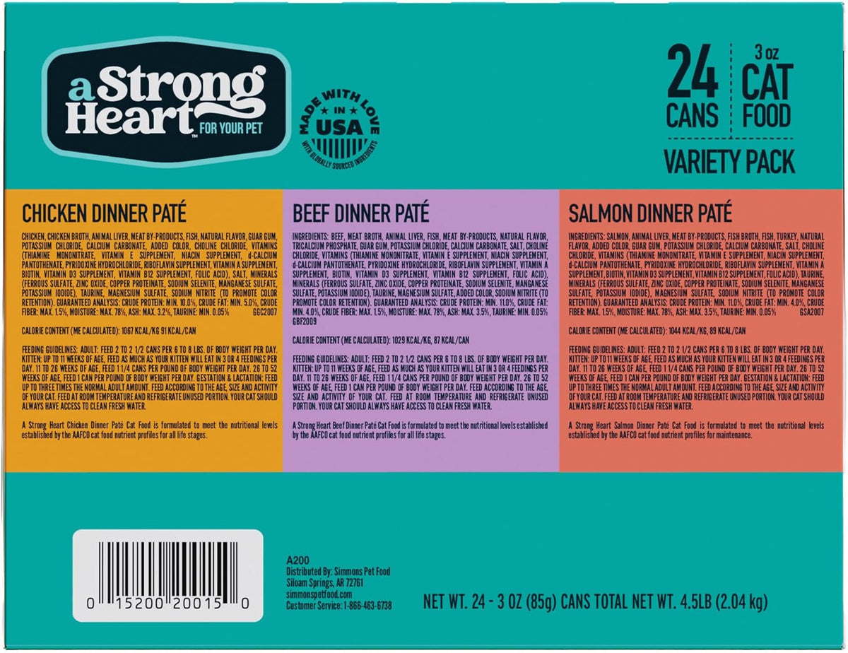 A Strong Heart Canned Wet Cat Food, Chicken, Beef and Salmon Variety Pack - 3 oz Cans (Pack of 24)