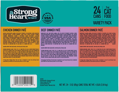 A Strong Heart Canned Wet Cat Food, Chicken, Beef and Salmon Variety Pack - 3 oz Cans (Pack of 24)