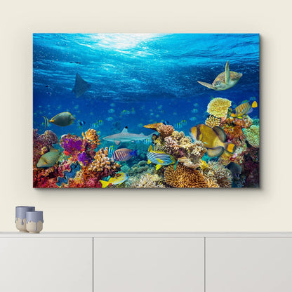 wall26 Canvas Print Wall Art Vibrant Sunshine Ray Coral Reef Turtle Fish Nature Animals Photography