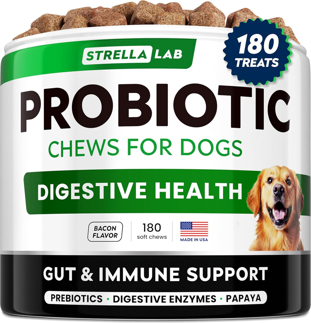 StrellaLab Dog Probiotics Treats for Picky Eaters (180ct) - Digestive Enzymes + Prebiotics