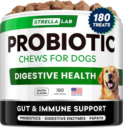 StrellaLab Dog Probiotics Treats for Picky Eaters (180ct) - Digestive Enzymes + Prebiotics