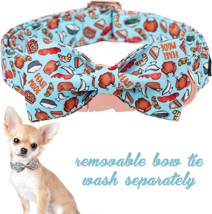 Unique Style Paws Thanksgiving Day Dog Collar with Bow Blue Turkey Cotton Puppy Collars for Small