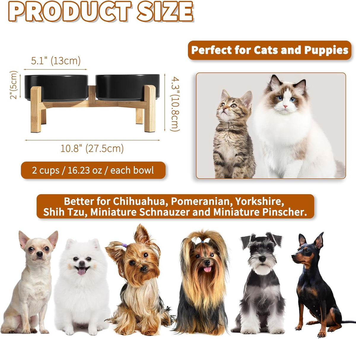 Elevated Ceramic Dog Bowl Set - Raised Feeding Bowls with Non-Slip Bamboo Stand - Small Pet Dishes