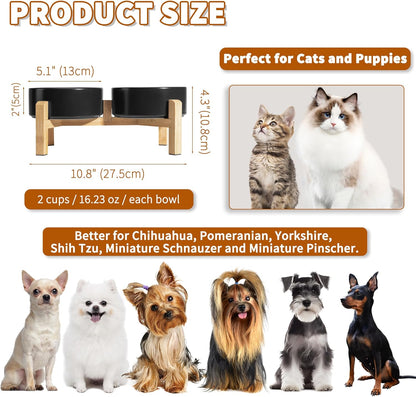 Elevated Ceramic Dog Bowl Set - Raised Feeding Bowls with Non-Slip Bamboo Stand - Small Pet Dishes