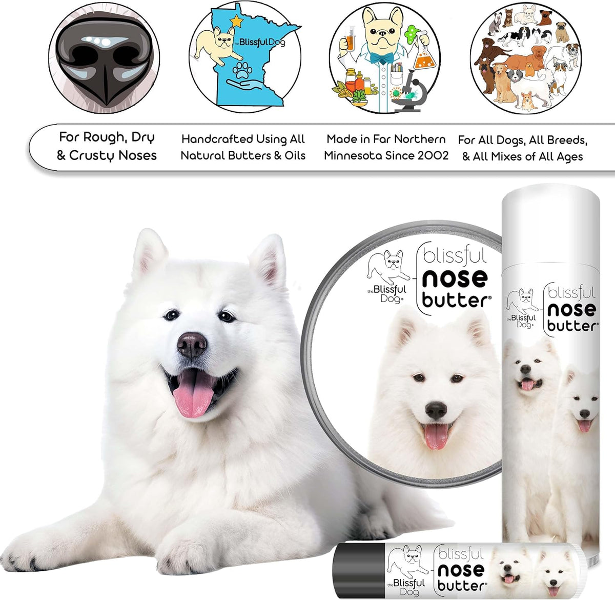 The Blissful Dog Samoyed Nose Butter for Dry, Cracked Skin, Lick-Safe Dog Nose Balm with