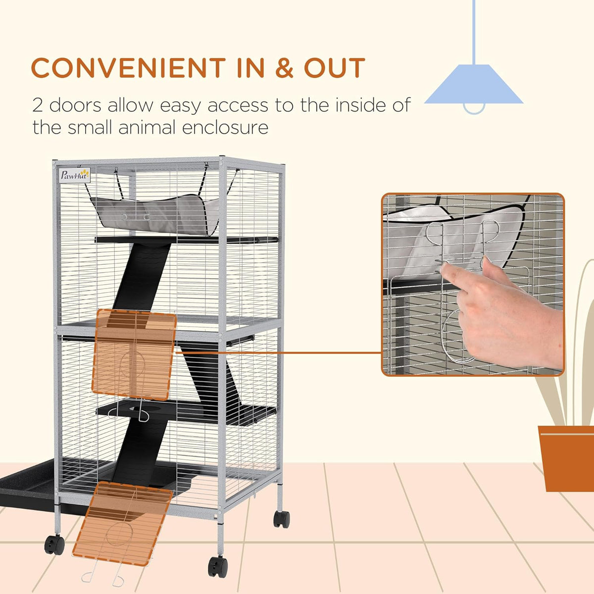 PawHut Metal Small Animal Cage, 4-Tiers Rolling Big Ferret Cage with Hammock, Removable Tray, for