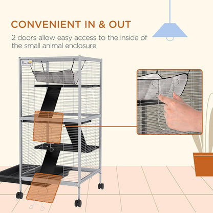 PawHut Metal Small Animal Cage, 4-Tiers Rolling Big Ferret Cage with Hammock, Removable Tray, for