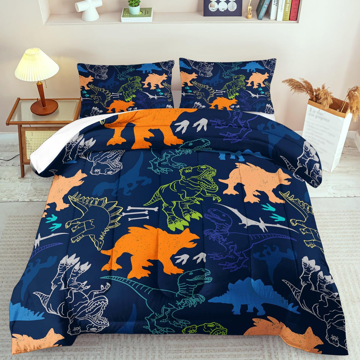 Blue Dinosaur Comforter Set King Boys,Cute Dinosaur Bedding Set King for Kids,Kawaii Dragon