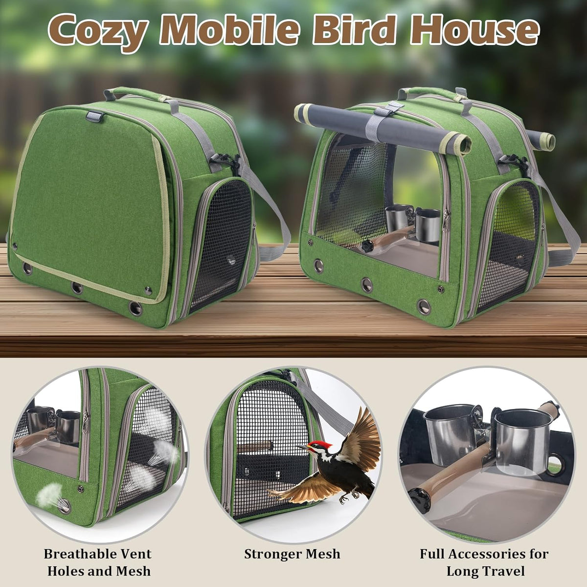 Bird Carrier Parrot Travel Cage with Perch, Food Bowl, Tray and Breathable Clear Window, Bird