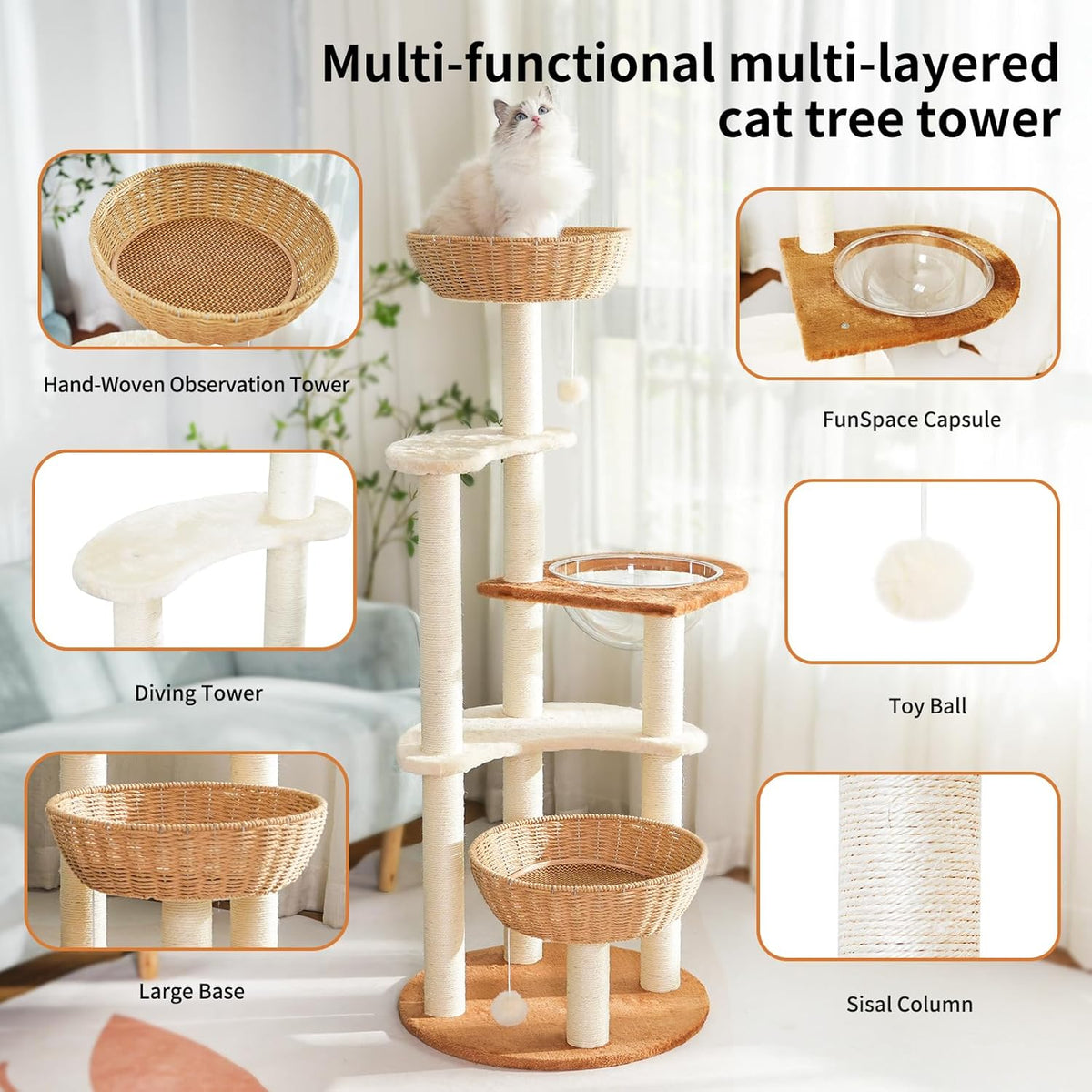 Modern Cat Tree Tower,Hand-Woven Ma Teng cat nest, Sisal-Covered Scratching Posts for Indoor Cats