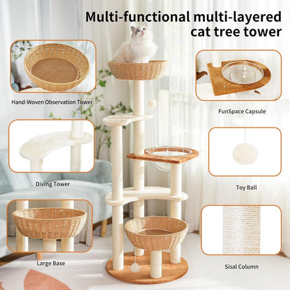 Modern Cat Tree Tower,Hand-Woven Ma Teng cat nest, Sisal-Covered Scratching Posts for Indoor Cats