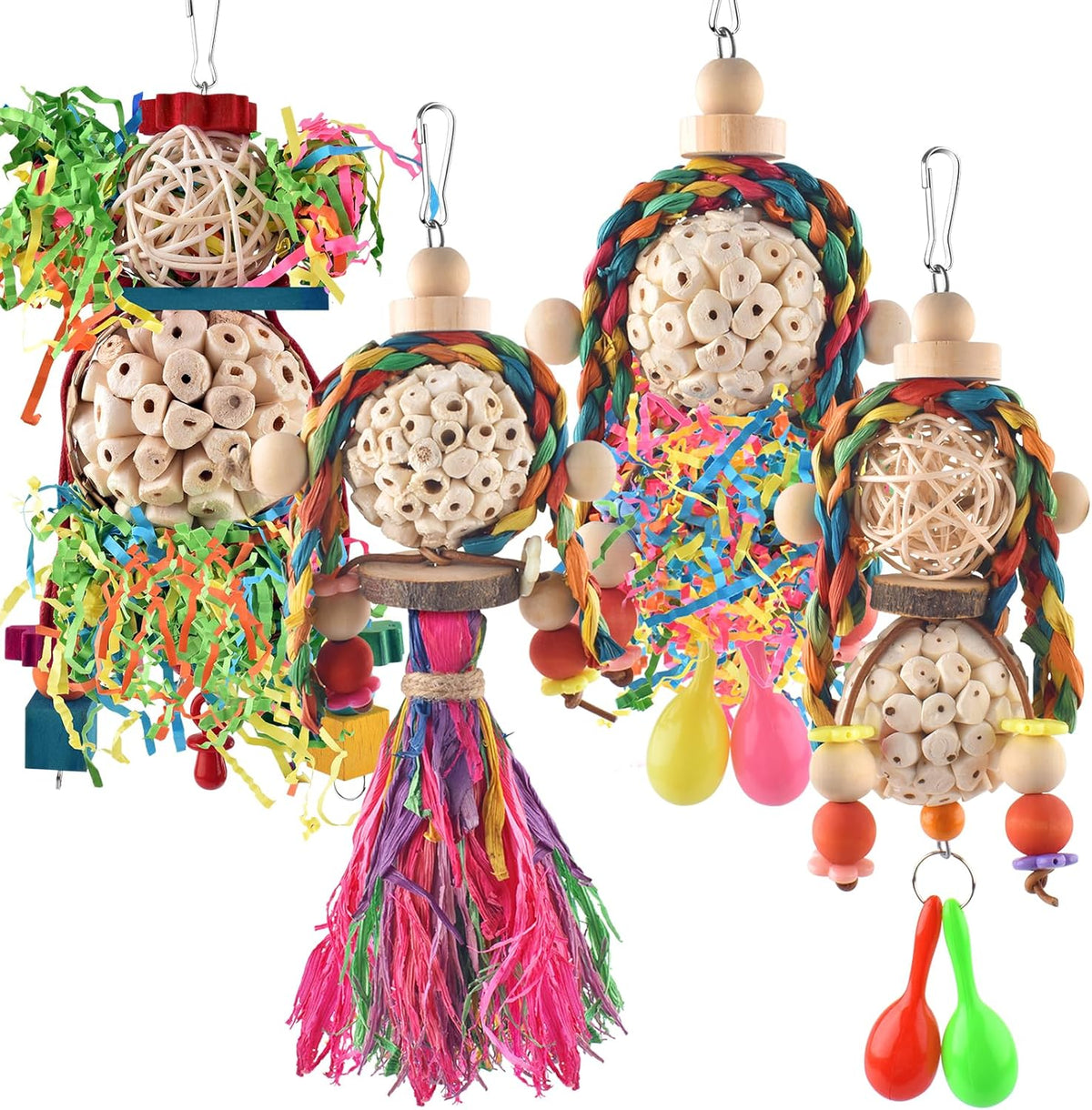 Bissap Conure Toys, 4 PCS Bird Parrot Foraging Shredder Hanging Toys Sola Balls with Sand Hammer
