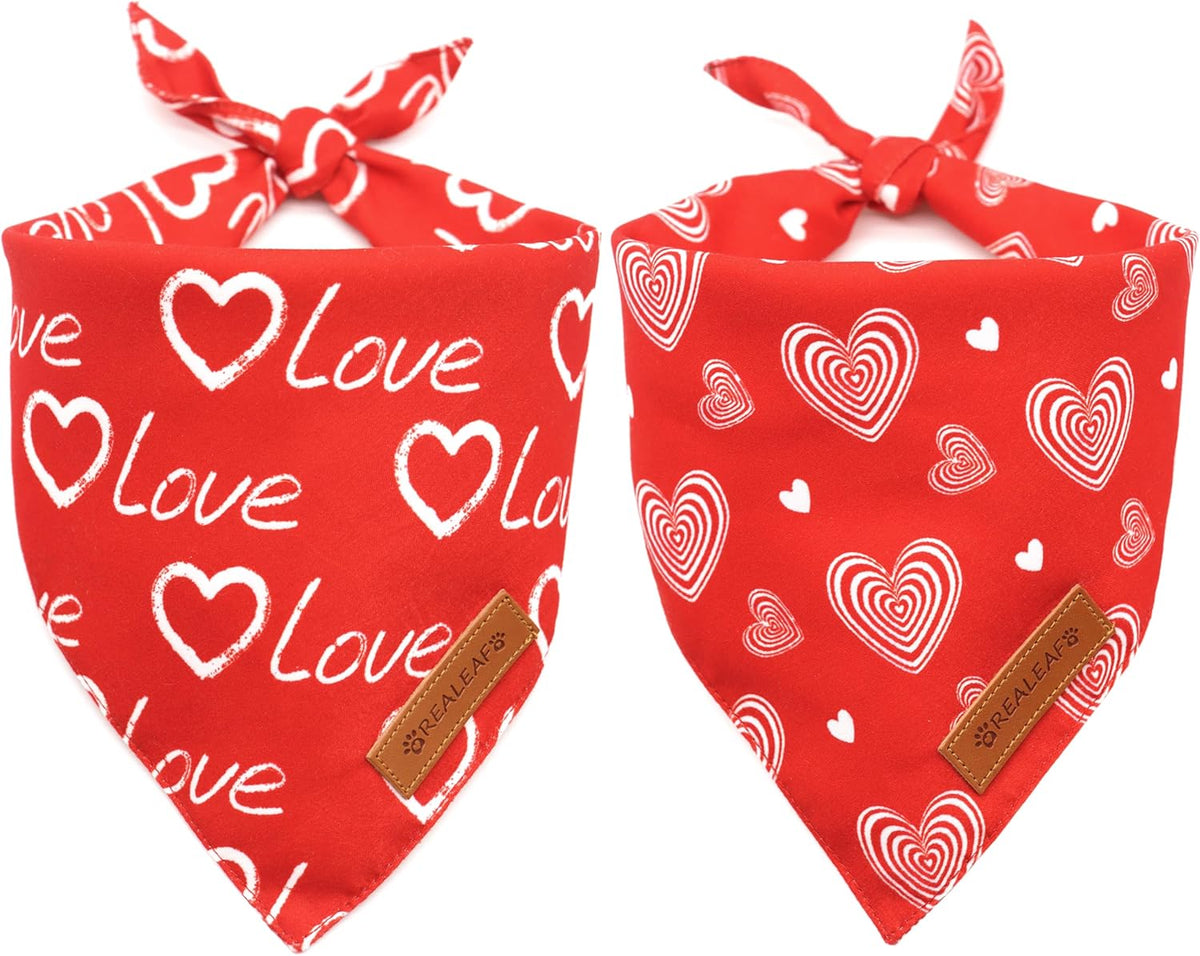 Realeaf Valentines Day Dog Bandanas 2 Pack, Reversible Love Pet Scarf for Boy and Girl, Premium