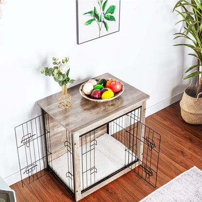 DWANTON Dog Crate Furniture with Cushion, Wooden Kennel Table with Double Doors, Indoor Dog House