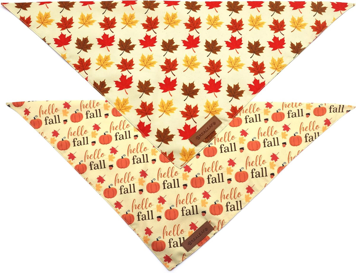 Realeaf Fall Dog Bandanas 2 Pack, Orange Pumpkin and Leaf Print Pet Scarf for Boy and Girl, Premium