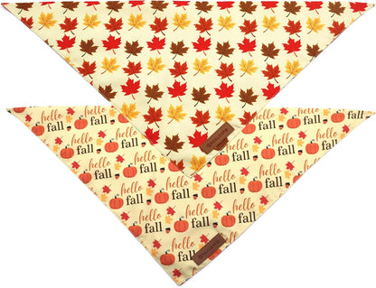 Realeaf Fall Dog Bandanas 2 Pack, Orange Pumpkin and Leaf Print Pet Scarf for Boy and Girl, Premium