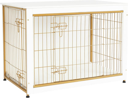 DWANTON Dog Crate Furniture with Cushion, Wooden Kennel Table with Double Doors, Indoor Dog House