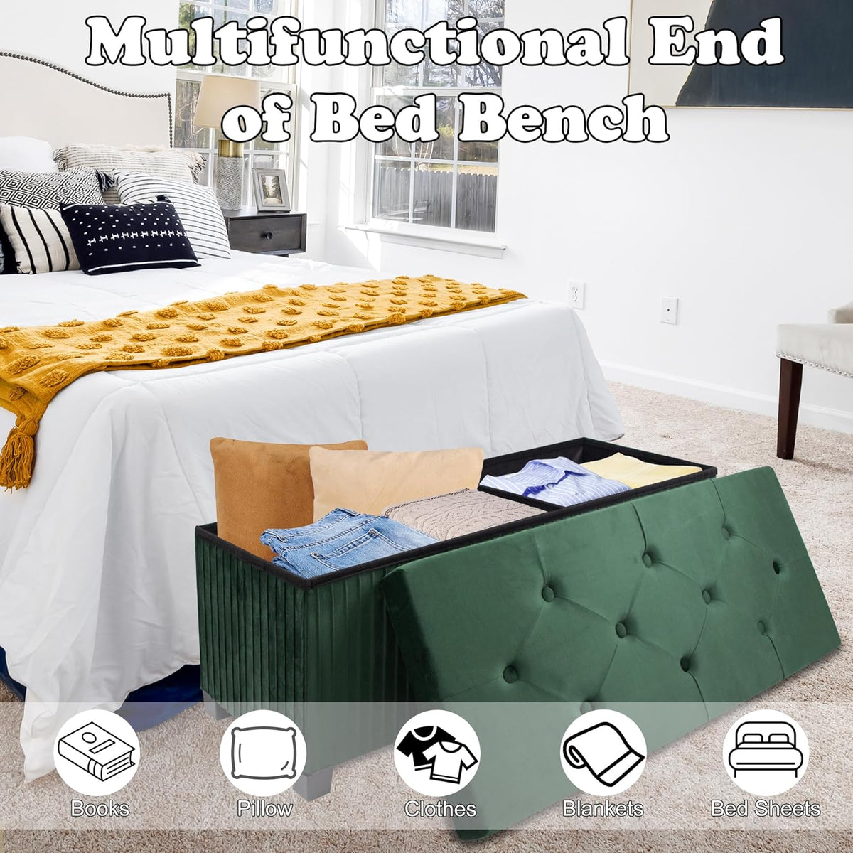 Storage Ottoman Bench, 43 Inch Foldable Ottoman with Legs, Velvet Foot Rest Stool, End of Bed