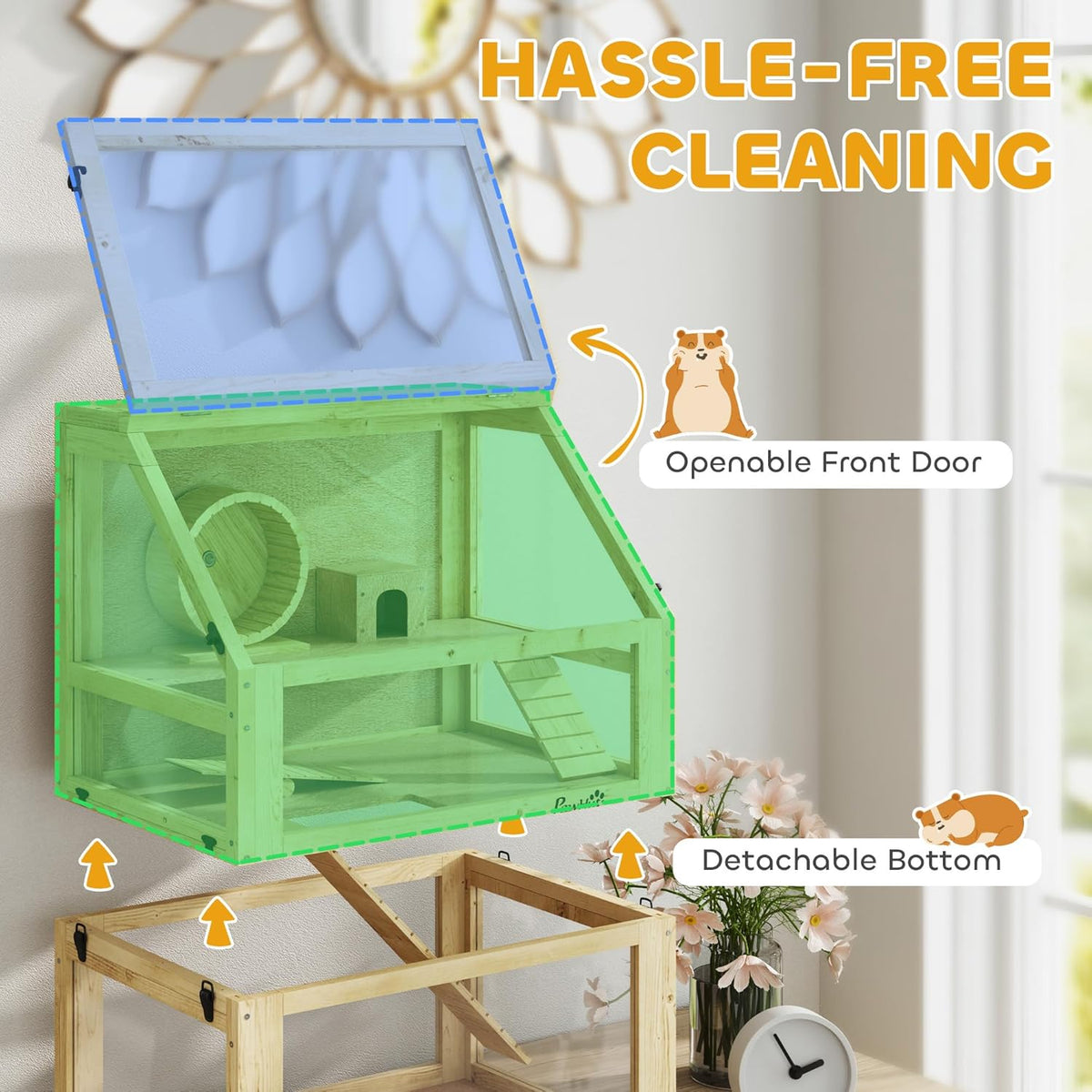 PawHut Wooden Hamster Cage, 3 Tier Small Animal Cage with Detachable 12.6" Deep Bottom, Hut