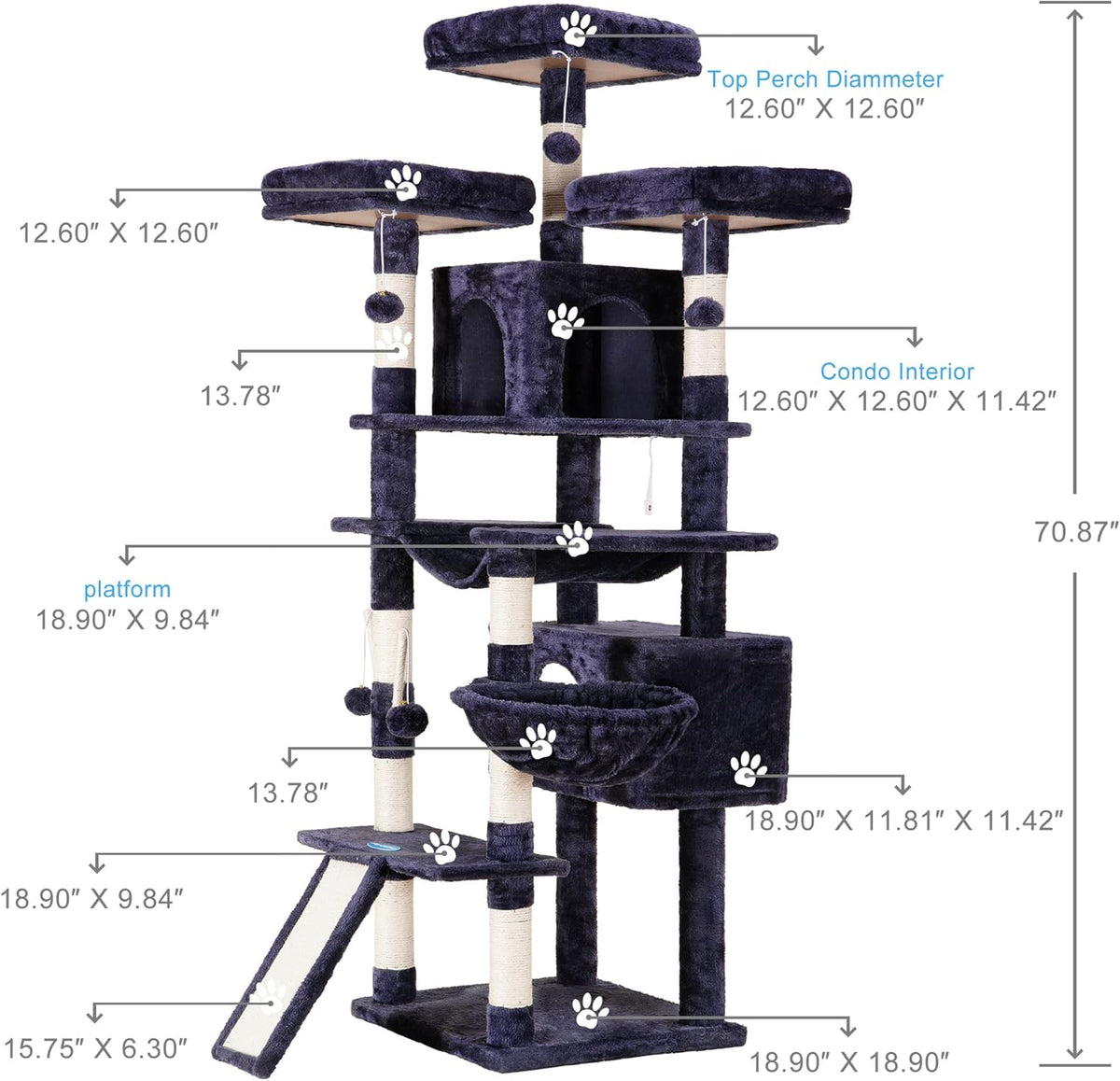 Hey-brother Cat Tree, 71 inches XL Large Cat Tower for Indoor Cats, Multi-Level Cat House with 3