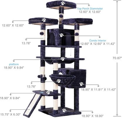 Hey-brother Cat Tree, 71 inches XL Large Cat Tower for Indoor Cats, Multi-Level Cat House with 3
