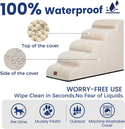 GoGoBunny Ramp Dog Stairs for High Beds 22.6" H, 5-Step Dog Slope Stairs with Durable Waterproof