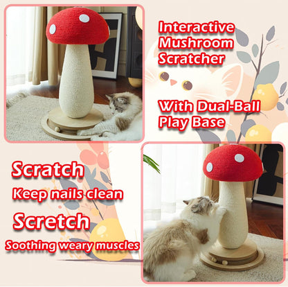 Cat Scratching Post Mushroom Cat Tree with Natural Sisal, Weighted Base & Interactive Ball - for
