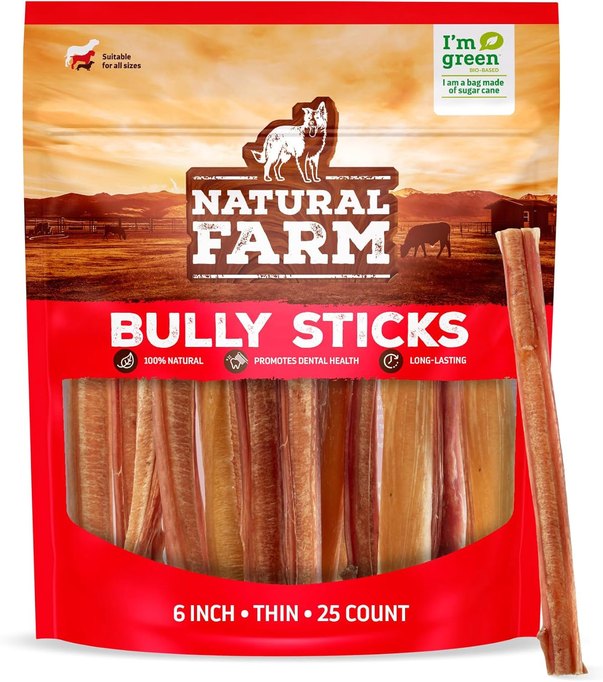 Natural Farm Odor-Free Thin Bully Sticks (6”, 25-Pack) All-Natural Long-Lasting Dog Chews, 100%