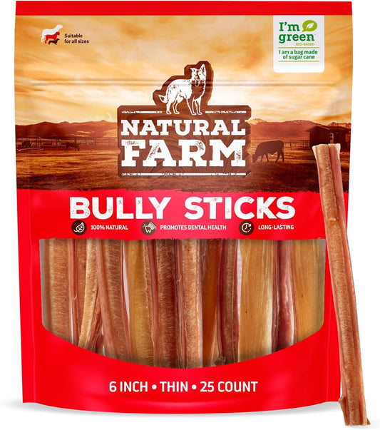 Natural Farm Odor-Free Thin Bully Sticks (6”, 25-Pack) All-Natural Long-Lasting Dog Chews, 100%