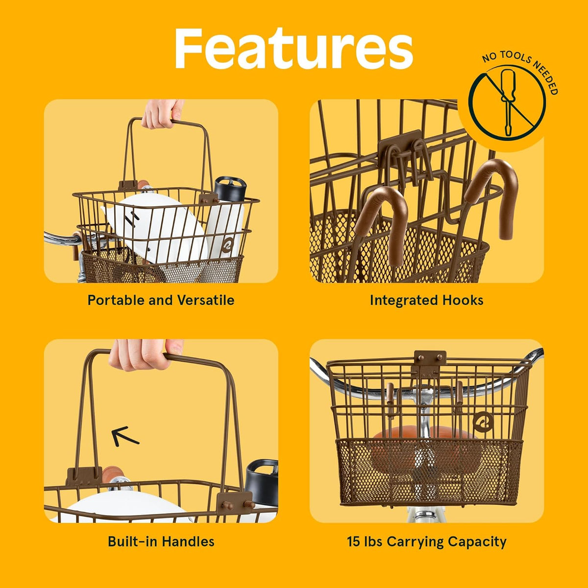 Retrospec Apollo Detachable Front Bike Basket Steel Half-Mesh with Integrated Detachable Hooks and