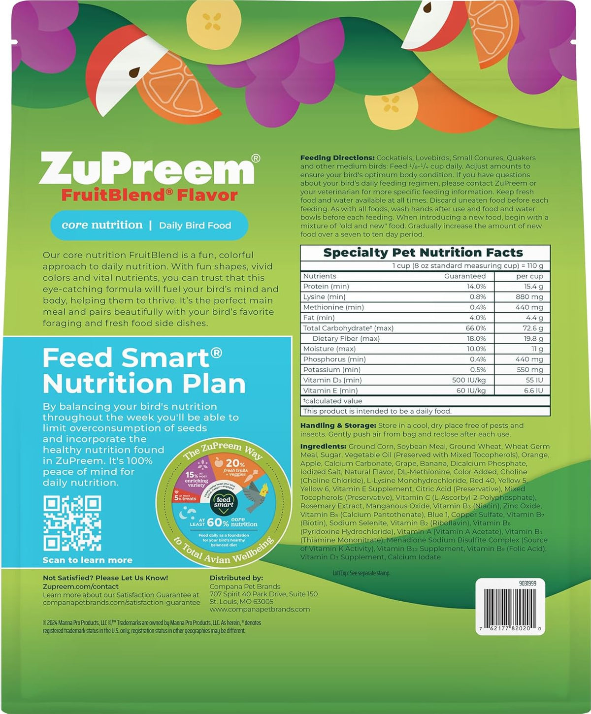 ZuPreem FruitBlend Bird Pellets, Daily Bird Food for Cockatiel, Lovebird, Quaker, Small Conure
