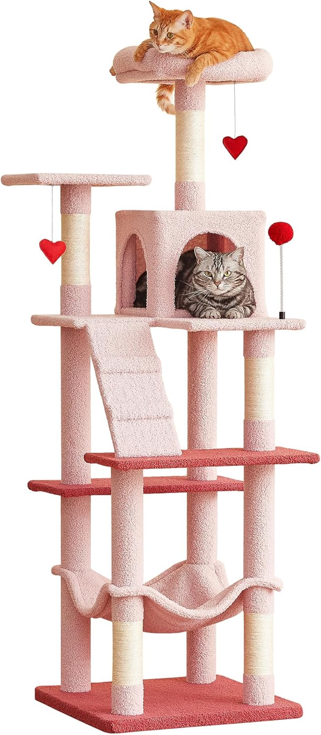 MWPO Cute Cat Tree, 63.8-Inch Pink Cat Tower for Indoor Cats, Multi-Level Cat Condo with 5