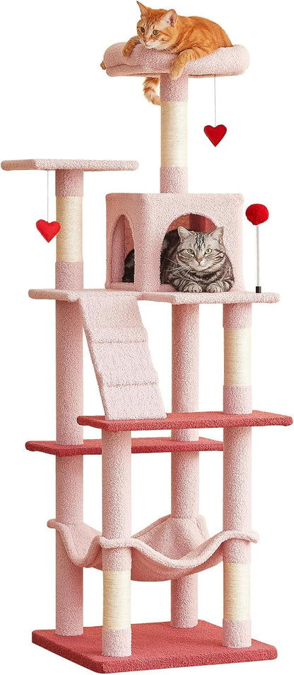 MWPO Cute Cat Tree, 63.8-Inch Pink Cat Tower for Indoor Cats, Multi-Level Cat Condo with 5