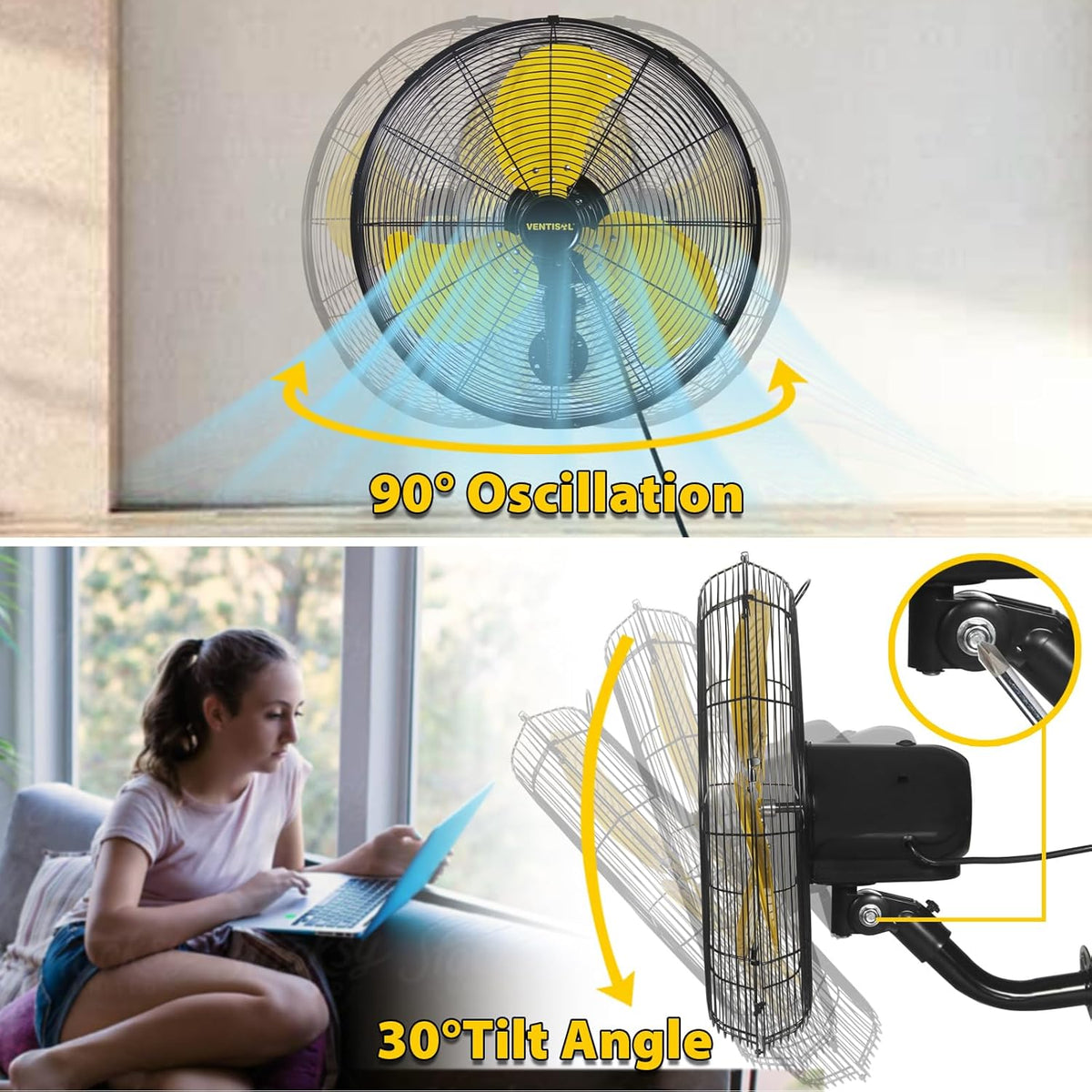VENTISOL 20 Inch Wall Mount Fan Oscillating, High Velocity Industrial Wall Fan for Indoor