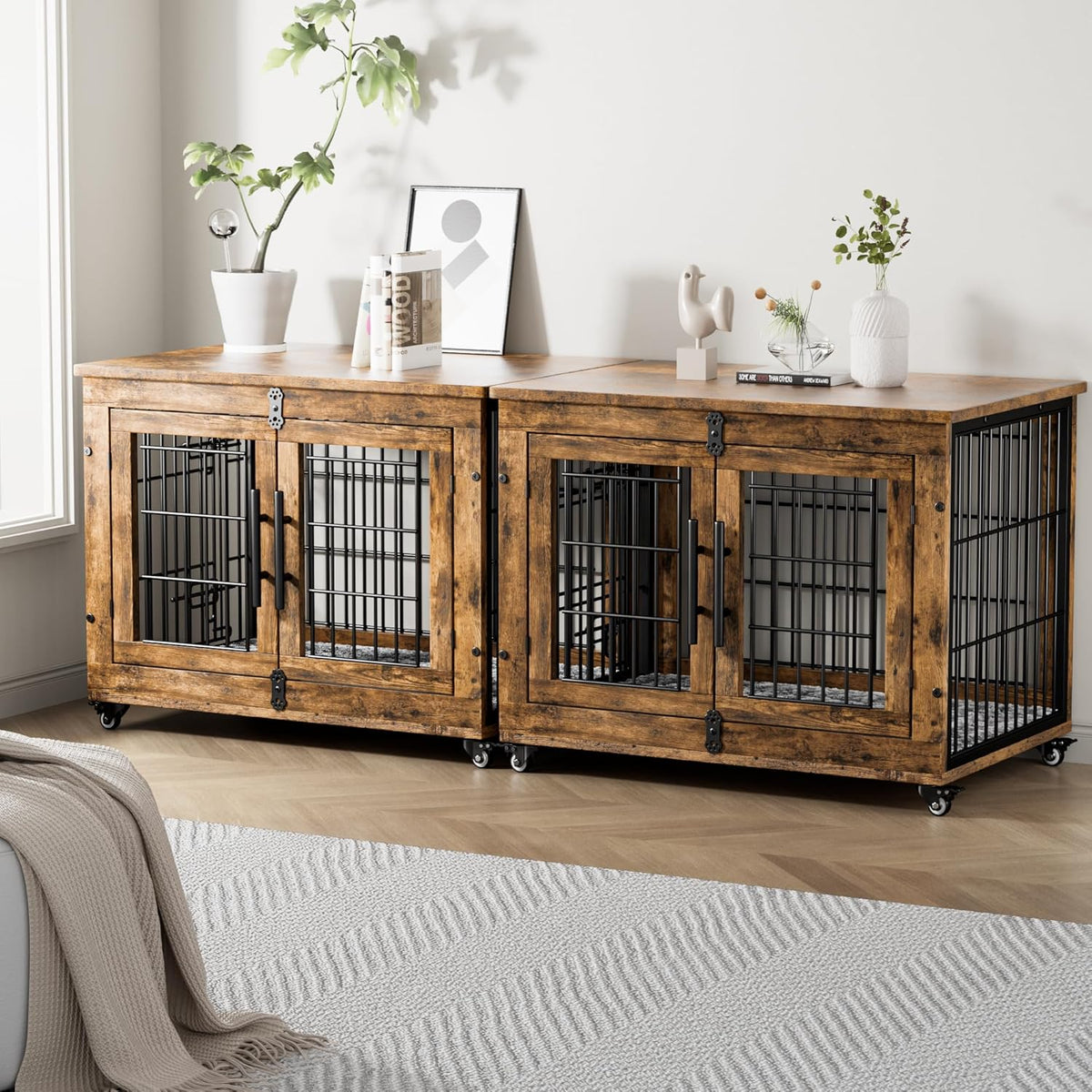 Lulive Dog Crate Furniture, Dog Kennel Indoor Double Doors Wooden Dog Cage, 32'' Heavy Duty Dog