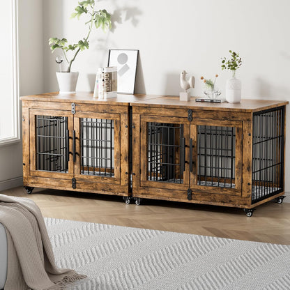Lulive Dog Crate Furniture, Dog Kennel Indoor Double Doors Wooden Dog Cage, 32'' Heavy Duty Dog