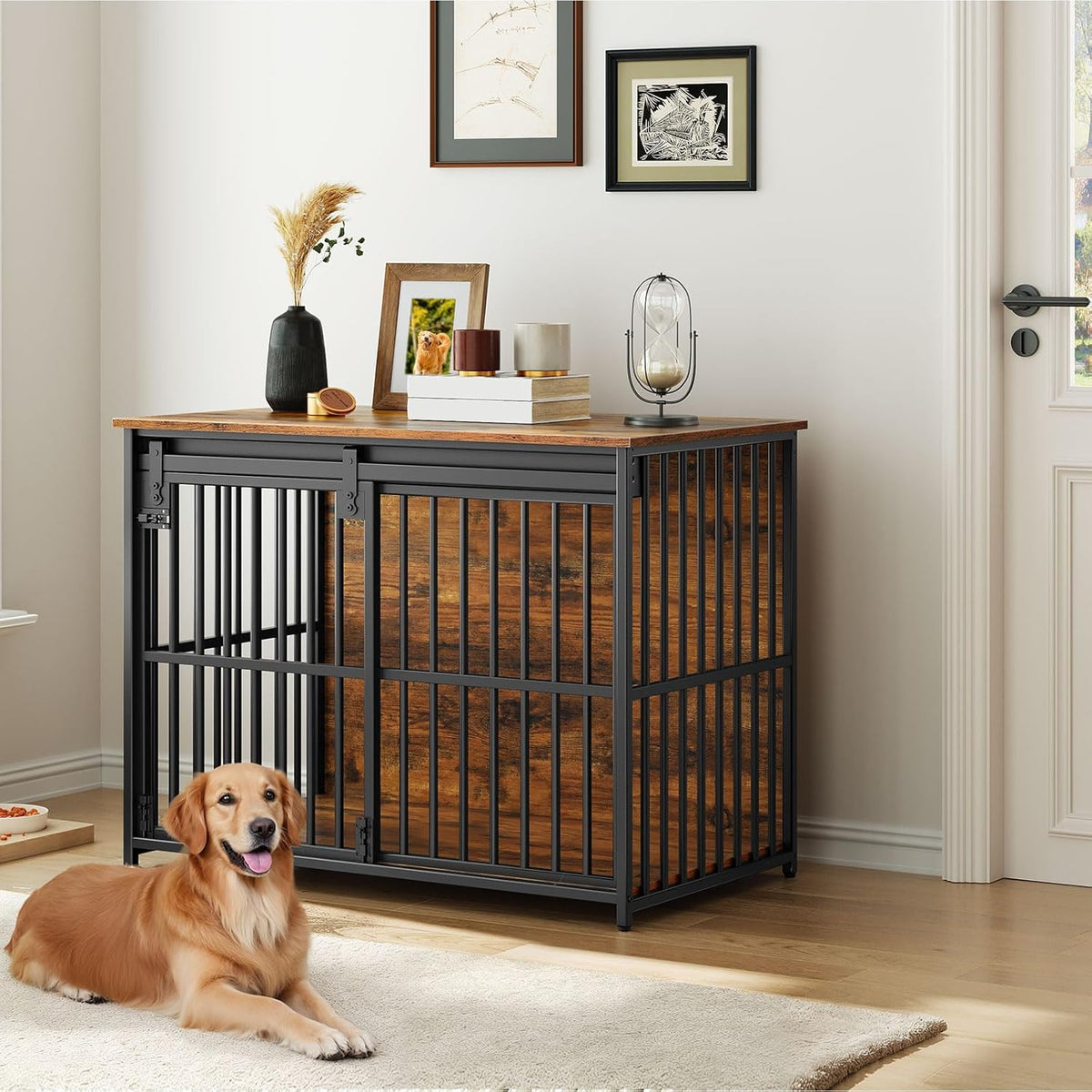 HOOBRO Dog Crate Furniture, 36.6" Heavy Duty Dog Kennel with Sliding Barn Door, Wooden Dog Cage