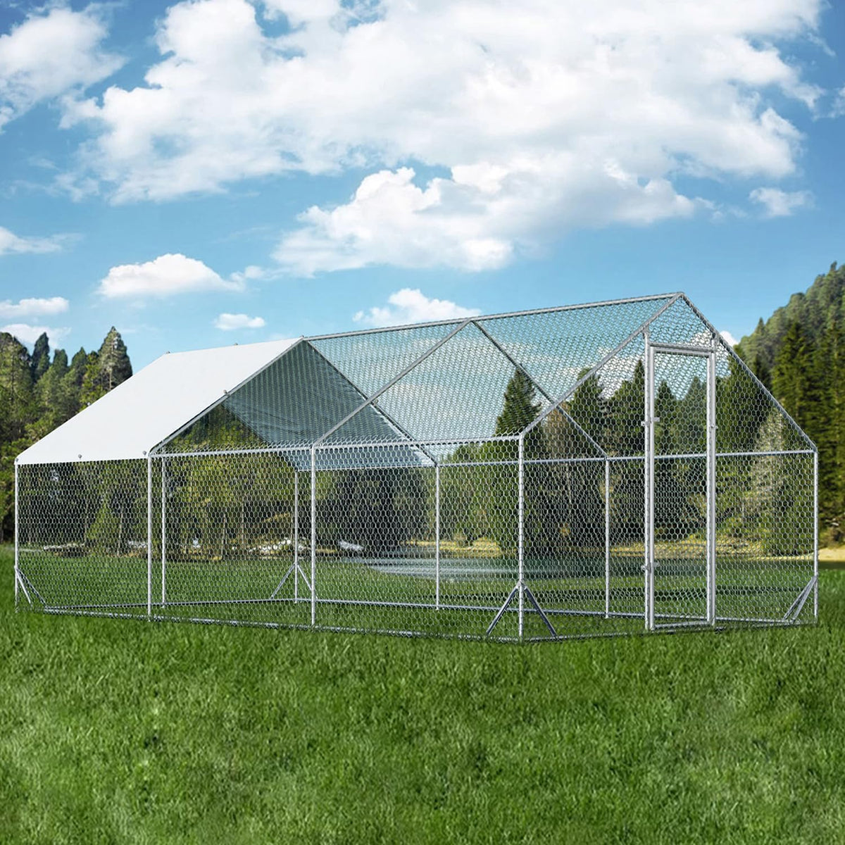 Large Metal Chicken Coop with Run Walk-in Poultry Cage Chicken Runs House Pen Cage Spire Roofed