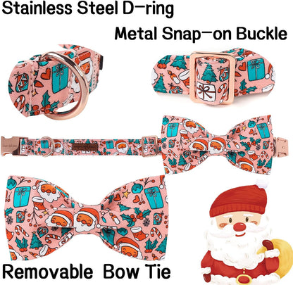 Unique Style Paws Christmas Day Dog Collar with Bow Pink Christmas Man Cotton Puppy Collars for