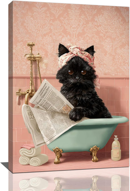Cat Bathroom Wall Decor Black Cat Reading Newspaper in Bathtub Canvas Wall Art Funny Bathroom