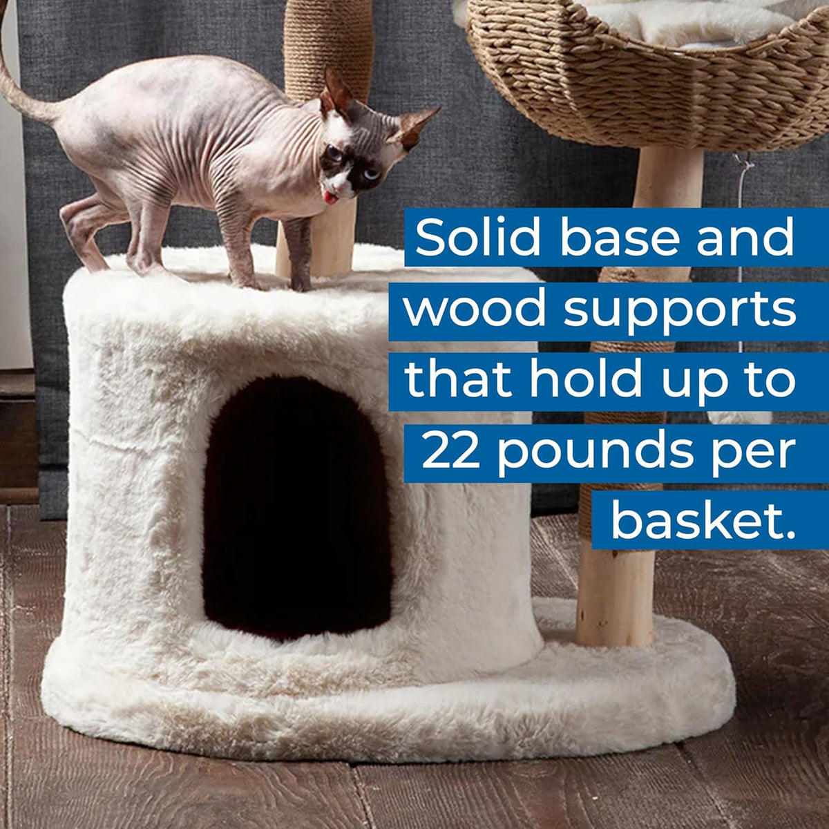 The Bungalow Cat Tree - Luxury Cat Condo, Large Modern Indoor Tower with 2 Faux Fur Beds