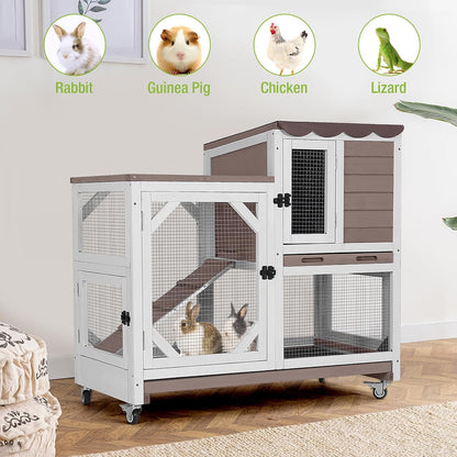 GUTINNEEN Rabbit Hutch Indoor Outdoor 2 Story Bunny House on Wheels Wood Rabbit Cage with 2 Pull