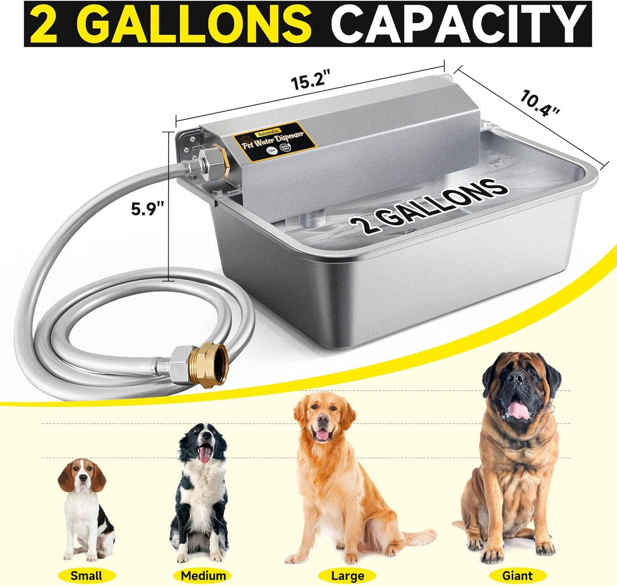 Automatic Dog Water Dispenser, 2 Gallons 304 Stainless Steel Large Dog Water Bowl Dispenser for