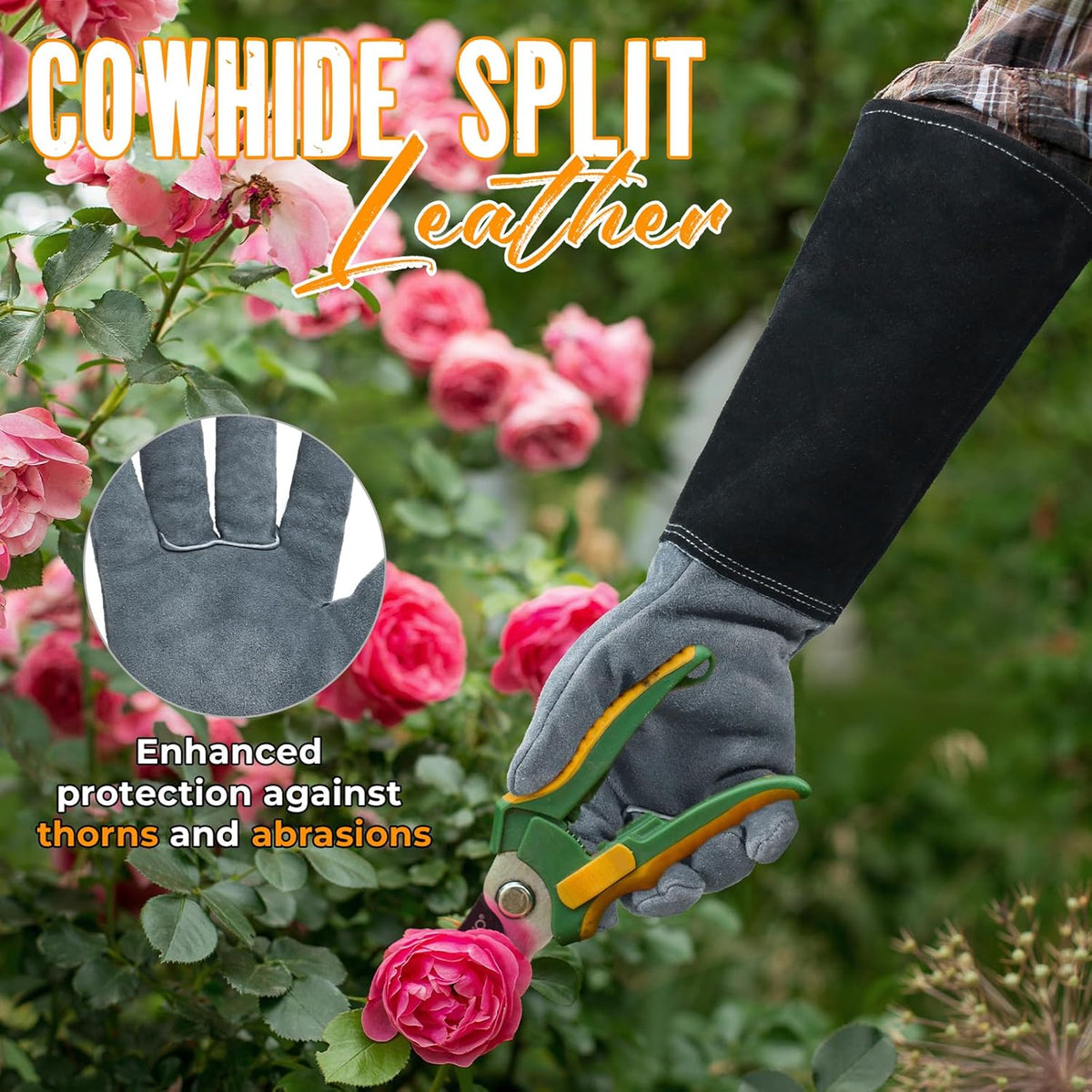 HANDLANDY Long Gardening Gloves for Men & Women, Cowhide Leather Rose Pruning Gloves, Breathable